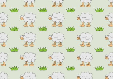 Yeşil arka planda şirin koyunlar ve çim karalama sanatı kusursuz desen. Kartlar, çerçeveler, posterler, kitap kapakları, tekstil, duvar kağıdı, ambalaj ve kumaş için. 