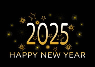 Siyah arka planda altın havai fişeklerle 2025 yılınız kutlu olsun. Kartlar, duvar kağıtları, web siteleri, kartpostallar ve posterler için.