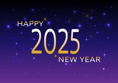 Siyah ve mor yıldız gecesinde altın havai fişeklerle 2025 yılınız kutlu olsun. Kartlar, duvar kağıtları, web siteleri, kartpostallar ve posterler için.