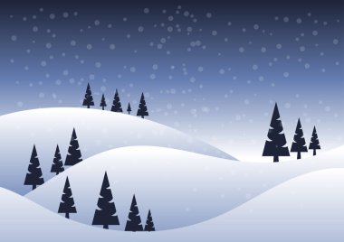 Kış ve manzara konsepti. Kar tepeli çam ağaçları ve açık gökyüzü arka planlı kar yağışı posterler, kapak kitapları, kartlar, broşürler ve afişler için dizayn.   