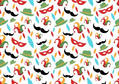 Purim karnavalı ve beyaz arka planda kusursuz bir şablon. Kartlar, çerçeveler, posterler, kitap kapakları, tekstil, duvar kağıdı, ambalaj ve kumaş için. 