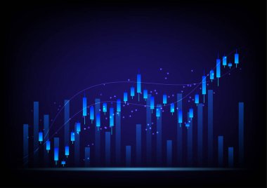 Hisse ve yatırım konsepti. Koyu mavi arkaplanda bir çizgi grafiği. Zorba piyasa, zenginlik karı, yüksek risk yüksek kazanç, iş büyümesi.