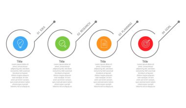 Ticari bilgi grafikleri şablonu. Dört adımlı tasarım seçeneği. Beyaz arkaplandaki çalışma akış şeması verileri. Sunum, süreç şemaları, iş stratejisi elemanları vektör illüstrasyonu için.