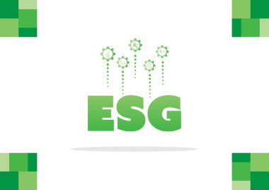 Beyaz zemin üzerinde enerji simgeleri ve vites kutusu olan yeşil ESG metni. Çevre, sosyal, yönetim ve sürdürülebilirlik gelişimi.  