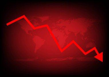 Economic critical crisis concept. The down arrow on red world map background. Recession financial, cryptocurrency, gold, and the stock market. Losing money and cash. Bearish.