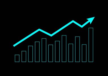Hisse ve yatırım konsepti. Koyu arkaplan üzerinde üst ok olan bir çubuk grafik. Zorba piyasa, zenginlik karı, yüksek risk yüksek kazanç, iş büyümesi.