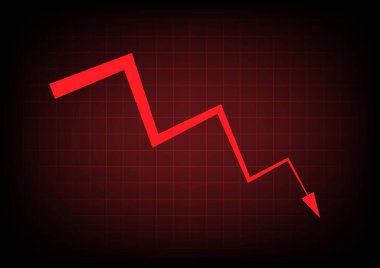 Ekonomik kriz konsepti. Kırmızı masa arkasındaki aşağı ok. Ekonomik durgunluk, kripto para birimi, altın ve borsa. Para ve para kaybetmek. Taşıyıcı.