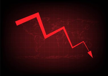 Economic critical crisis concept. The down arrow on red world map background. Recession financial, cryptocurrency, gold, and the stock market. Losing money and cash. Bearish.