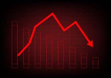 Ekonomik kriz konsepti. Kırmızı masa arkaplanının üzerinde ok olan bar garph 'ı. Ekonomik durgunluk, kripto para birimi, altın ve borsa. Para ve para kaybetmek. Taşıyıcı.