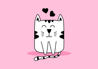 Pembe arka planda küçük kalpleri olan siyah beyaz bir kedi..