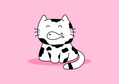 Tatlı siyah beyaz bir karalama kedisi pembe bir arka planda ağzında balıkla oturuyor..