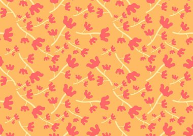 Turuncu arka planda elle çizilmiş pembe çiçekler. Kusursuz desen, elbise, kumaş, duvar kağıdı, arkaplan, dekorasyon, kapak kitabı ve duvar sanatı için çiçektir.. 