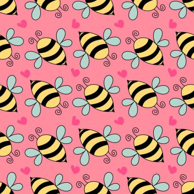 Pembe arka planda el çizimi minimal arı. Kusursuz desen, giysi, kumaş, duvar kağıdı, arkaplan, dekorasyon, kapak kitabı ve duvar sanatı için hayvani bir desen.. 