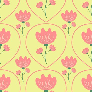 Sarı arka planda elle çizilmiş en az pembe çiçekler. Kusursuz desen, elbise, kumaş, duvar kağıdı, arka plan, dekorasyon, kapak kitabı ve duvar sanatı için çiçektir. Klasik stil. 