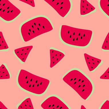 Pembe arka planda karpuz. Giyim, kumaş, duvar kağıdı, arka plan, dekorasyon, kapak kitabı ve duvar sanatı için kusursuz desenli yaz.. 