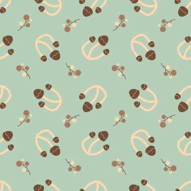 Açık yeşil arka planda kahverengi mantarlar. Güz, giysi, kumaş, duvar kağıdı, arka plan, ev dekorasyonu, kapak kitabı ve duvar sanatı için kusursuz desen. 