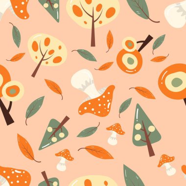 Turuncu arka planda ağaçlar, mantarlar ve yapraklar. Güz, giysi, kumaş, duvar kağıdı, arka plan, ev dekorasyonu, kapak kitabı ve duvar sanatı için kusursuz desen. 