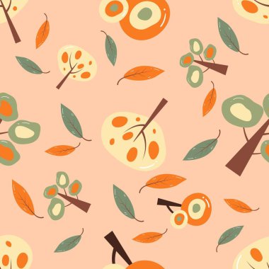 Turuncu arka planda ağaçlar ve yapraklar. Güz, giysi, kumaş, duvar kağıdı, arka plan, ev dekorasyonu, kapak kitabı ve duvar sanatı için kusursuz desen. 