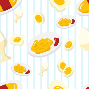 Mavi ve beyaz arkaplandaki yumurtaların çeşitliliği. Gıda, kumaş, duvar kağıdı, arka plan, ev dekorasyonu, kapak kitabı ve duvar sanatı için kusursuz desen. 