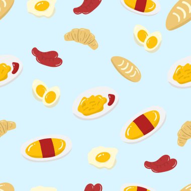 Mavi arka planda ekmek, sosis ve yumurta. Gıda, kumaş, duvar kağıdı, arka plan, ev dekorasyonu, kapak kitabı ve duvar sanatı için kusursuz desen. 