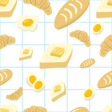 Mavi ve beyaz kareli arkaplanlı ekmek yumurtaları. Gıda, kumaş, duvar kağıdı, arka plan, ev dekorasyonu, kapak kitabı ve duvar sanatı için kusursuz desen. 