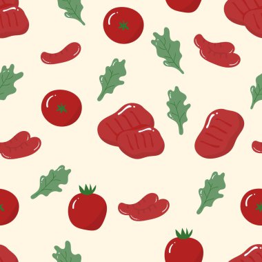 Bej arka planda biftek, sosis, domates ve marul. Gıda, kumaş, duvar kağıdı, arka plan, ev dekorasyonu, kapak kitabı ve duvar sanatı için kusursuz desen. 