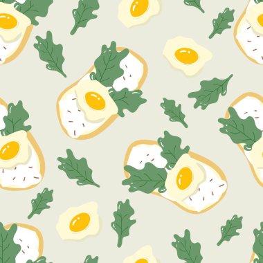 Sebzeli yumurta ve bej arka planda tost. Gıda, kumaş, duvar kağıdı, arka plan, ev dekorasyonu, kapak kitabı ve duvar sanatı için kusursuz desen. 