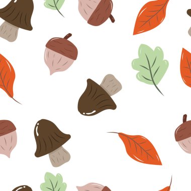 El yapımı mantarlar, beyaz bir arka planda bırak ve meşe palamudu. Güz, giysi, kumaş, duvar kağıdı, arka plan, ev dekorasyonu, kapak kitabı ve duvar sanatı için kusursuz desen. 