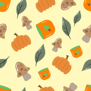 Balkabağı, yapraklar ve sarı arka planda bir fincan sıcak yeşil çay. Güz, giysi, kumaş, duvar kağıdı, arka plan, ev dekorasyonu, kapak kitabı ve duvar sanatı için kusursuz desen. 