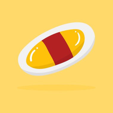 Sarı arka planda izole edilmiş beyaz bir tabakta ketçaplı Omurice.