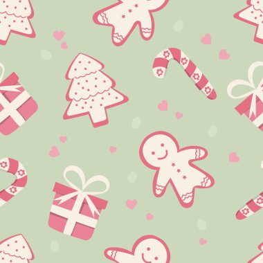 Christmas tree, gift box, gingerbread, and candy on a green background. Seamless pattern for clothing, fabric, wallpaper, backdrop, home decoration, cover book, and wall art. 