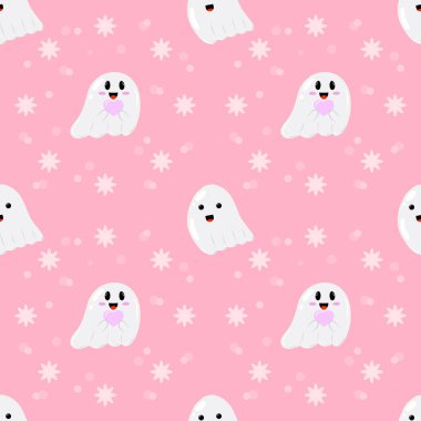 Cute ghost on a pink background. Seamless pattern for clothing, fabric, wallpaper, backdrop, home decoration, cover book, and wall art. 