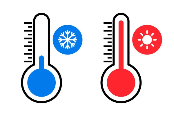 冷热温度计图标集 夏季和冬季温度计 太阳和雪花 可编辑矢量 — 图库矢量图片
