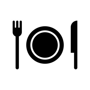 Restaurant silhouette icon. Fork, knife and plate. Menu. Editable vector.