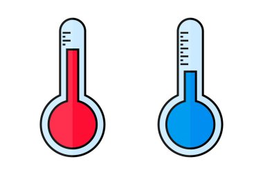 Düz dizayn düşük ve yüksek sıcaklık termometre simgesi seti. Sıcaklık. Sıcak ve soğuk. Düzenlenebilir vektör.