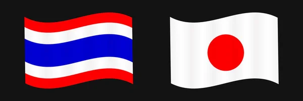 Conjunto Iconos Banderas Tailandesas Japonesas Ondeantes Amistad Entre Japón Tailandia — Vector de stock