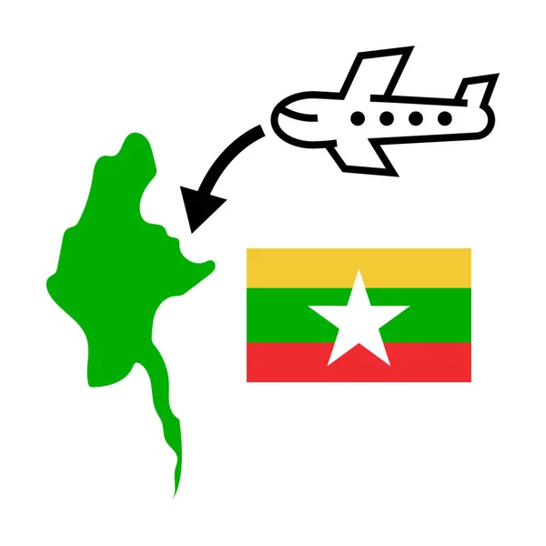 Εικονίδιο Ταξιδιού Μιανμάρ Χάρτης Μιανμάρ Αεροπλάνο Και Σημαία Μιανμάρ Επεξεργάσιμο — Διανυσματικό Αρχείο