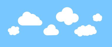 Gökyüzü mavisi arkaplanda çeşitli biçimlerde bulut simgesi izole edildi. Düzenlenebilir vektör.