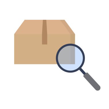 Paket izleme durumu karton ve büyüteç simgesi. Düzenlenebilir vektör.