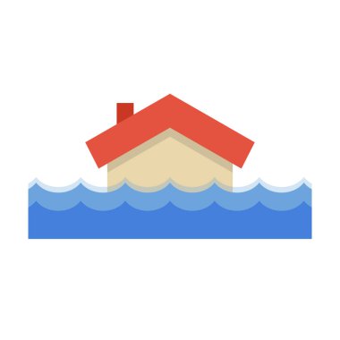 Hasarlı ev simgesini sel basmış. Düzenlenebilir vektör.