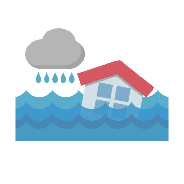 Sel simgesi. Şiddetli yağmurun altında kalmış bir ev. Düzenlenebilir vektör.