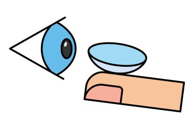 Kontak lens simgesiyle göz ve işaret parmağı. Düzenlenebilir vektör.