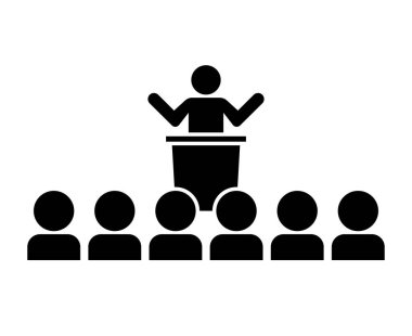 Podyum ve toplu siluet ikonunda konuşan kişi. Düzenlenebilir vektör.
