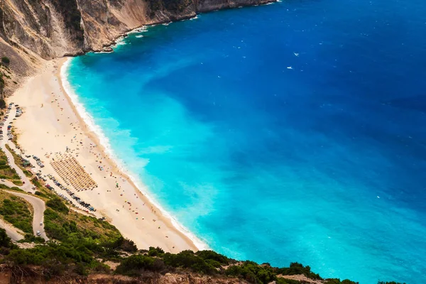 Vista Superior Praia Myrtos Com Água Azul Turquesa Mar Jónico — Fotografia de Stock