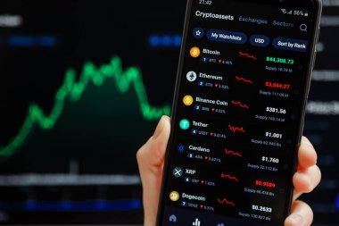 Ukrayna, Odesa - Ekim 9, 2021: Akıllı telefon ekranında çalışan CoinMarketCap uygulaması ile el ele tutuşmalar, günümüzün kripto para birimi fiyatlarının listesi, arka planda şamdan satışı