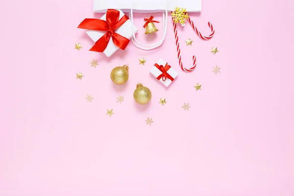 Christmas New Year Composition White Paper Bag Presents Sweet Candy — Stockfoto