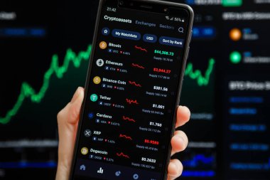 Ukrayna, Odessa - Ekim 9, 2021: Akıllı telefon ekranında çalışan CoinMarketCap uygulaması ile el ele tutuşmalar, günümüzün kripto para birimi fiyatlarının listesi, arka planda şamdan satışı