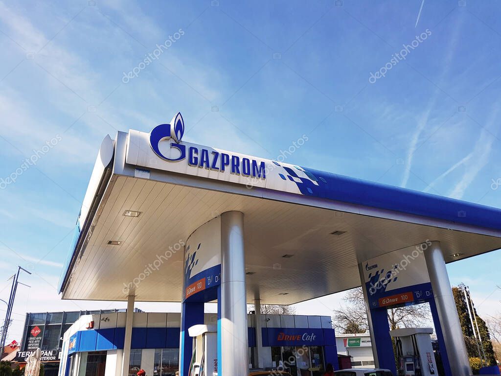 Sibiu, Romania - March, 19 2023: Gazprom gas station in Sibiu, Romania. Gazprom is Russian state-owned multinational energy corporation