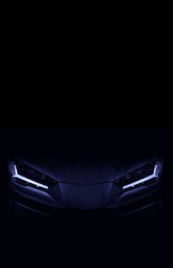LED farlarından birinin ayrıntıları süper araba mavi ton siyah arkaplan, kopyala boşluk