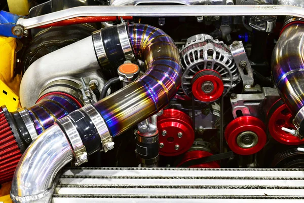 Feche Detalhes Coloridos Motor Carro Modificação Motor Turbo — Fotografia de Stock